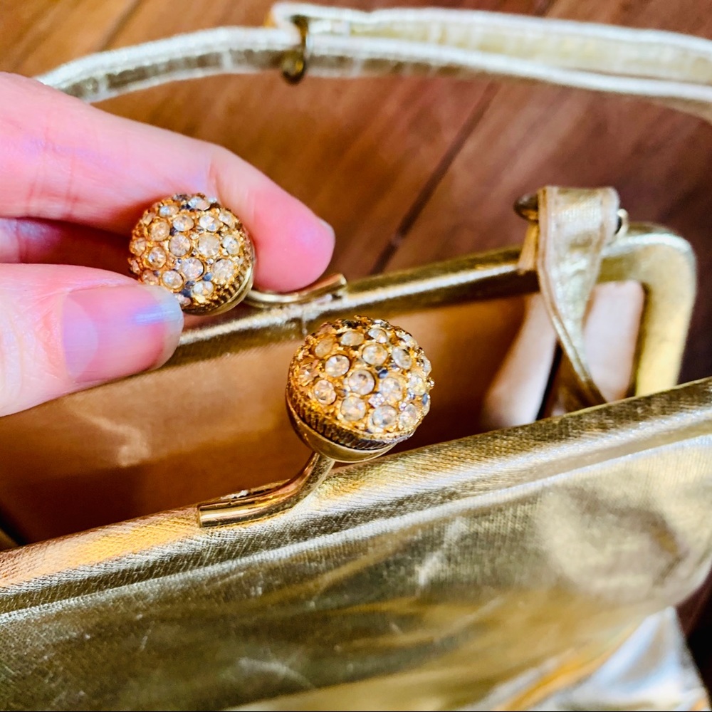 Vintage Jeweled Kiss Lock Gold Metallic Purse - Picture 3 of 5